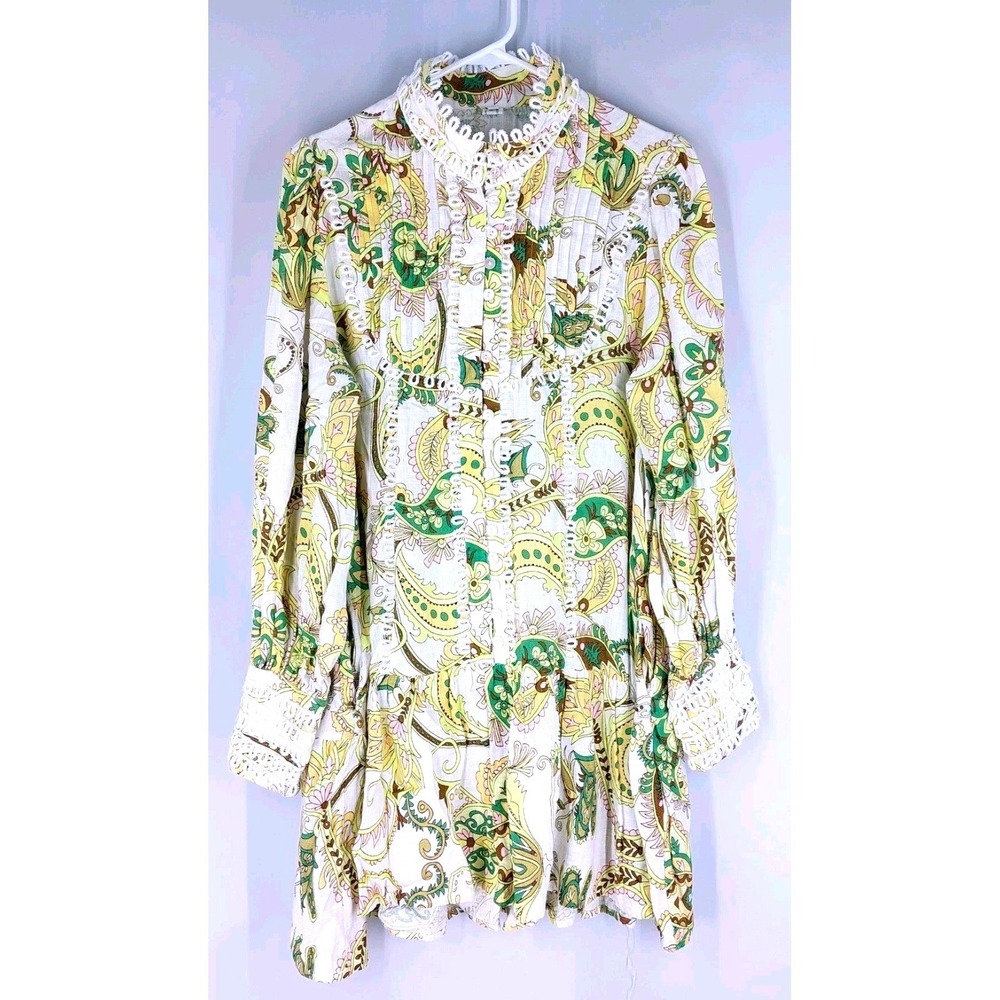 ASA Fashion Group 60s Style Mini Dress Paisley Linen Size M Lace TrimLong Sleeve